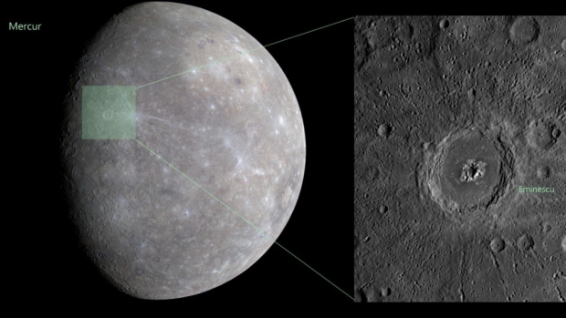 Poziţia craterului Eminescu pe Mercur.