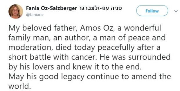 Fiica lui Amos Oz, pe Twitter 