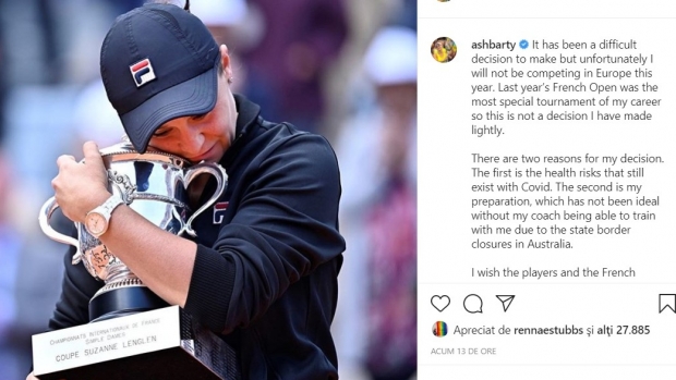 Ashley Barty nu participă la Roland Garros 2020