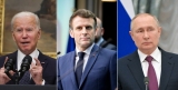 Joe Biden, Emmanuel Macron și Vladimir Putin 