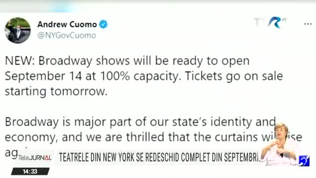 Teatrele din New York se redeschid complet din septembrie